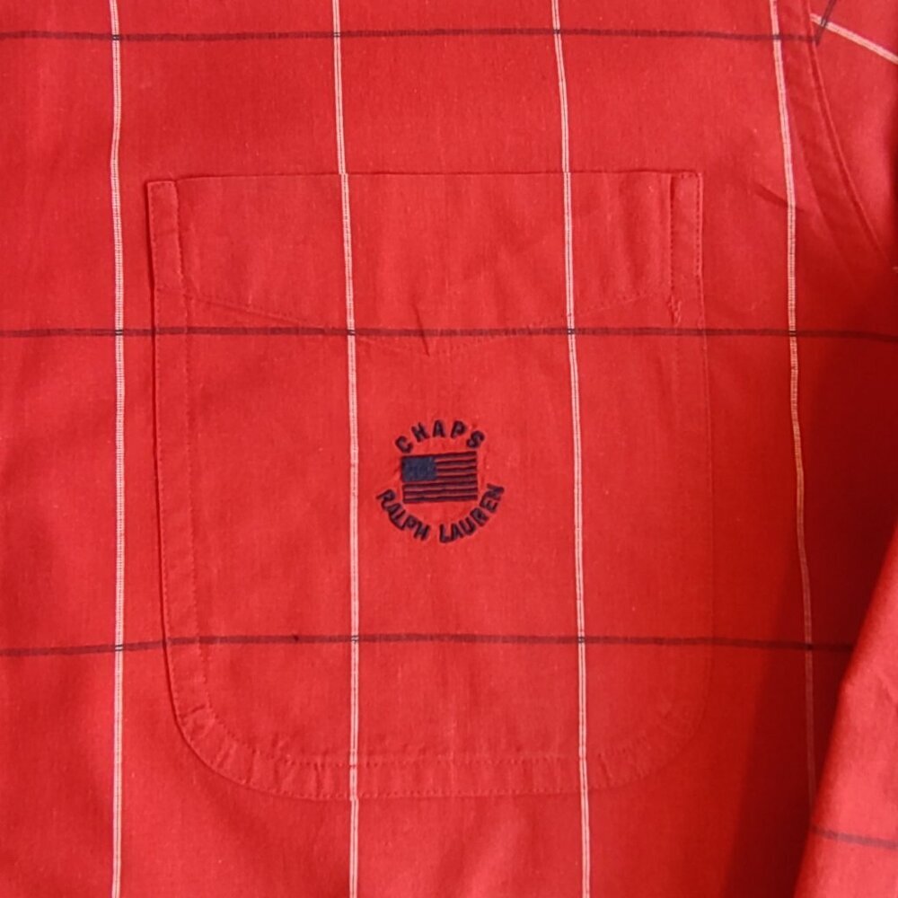 Vintage Ralph Lauren Chaps Mens Shirt Sz Large Windowpane Plaid Flag Logo - Picture 7 of 12